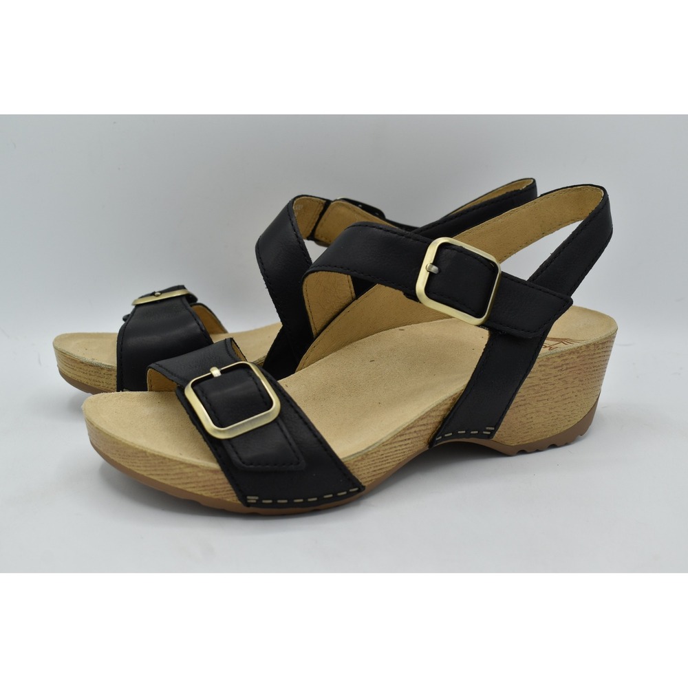 Dansko EU 37 US 6.5-7 Trinity Burnished Black Nubuck Wedge Open Toe Sandals